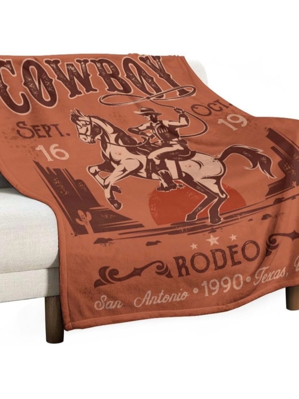 Cowboy Rodeo Graphic Throw Blanket in Rust and Cream